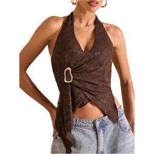 image:imageMakeMeChic Womens Halter Top Tie Backless Metal Ring Draped Ruched Lettuce Trim Rave Crop TopsBrown