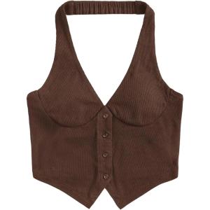 image:imageMakeMeChic Womens Halter Tops Crop Corduroy Button Down Sleeveless Going Out Corset TopBrown