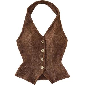 image:imageMakeMeChic Womens Halter Tops Fall Business Casual Sleeveless Open Back Going Out Tops Cowboy ChicBrown