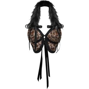 image:imageMakeMeChic Womens Halter Tops Fall Y2K Cheetah Print Faux Fur Bow Backless Crop TopsBlack