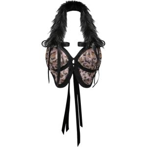 image:imageMakeMeChic Womens Halter Tops Fall Y2K Cheetah Print Faux Fur Bow Backless Crop TopsPink