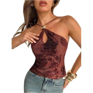 image:imageMakeMeChic Womens Halter Tops Floral Tie Open Back Sleeveless Going Out Crop Tops Rave OutfitsCoffee Brown