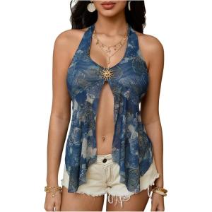 image:imageMakeMeChic Womens Halter Tops Paisley Print Tie Backless Metal Split Sleeveless Boho TankMulticolor