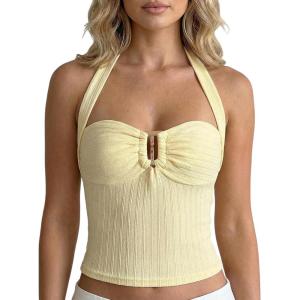image:imageMakeMeChic Womens Halter Tops Sleeveless Backless Crop Summer Tank TopsYellow