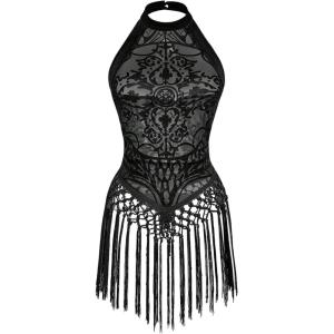 image:imageMakeMeChic Womens Halter Tops Tassel Hem Sleeveless Mesh Sheer Country Concert Tank TopsBlack