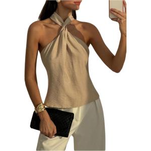 image:imageMakeMeChic Womens Halter Tops White Going Out Backless Cute Summer Criss Cross Classy Night Out TopsApricot Solid