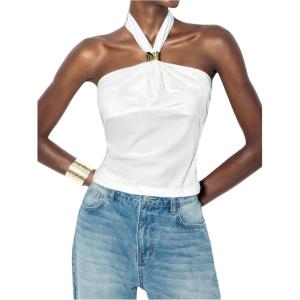 image:imageMakeMeChic Womens Halter Tops White Going Out Backless Cute Summer Criss Cross Classy Night Out TopsWhite D
