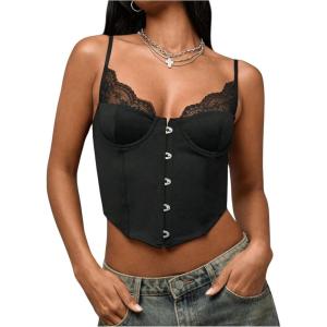 image:imageMakeMeChic Womens Lace Cami Shirt V Neck Bustier Corset Tops Spaghetti Strap Button TopBlack