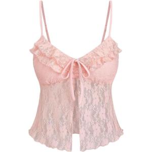 image:imageMakeMeChic Womens Lace Camisole Top Ruffle Going Out Tops Floral Spaghetti Strap Y2k Crop TopsPink