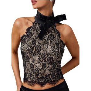image:imageMakeMeChic Womens Lace Halter Top Open Back Bow Mock Neck Elegant Crop TopsBlack