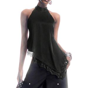image:imageMakeMeChic Womens Lace Halter Tops Asymmetrical Backless Satin Sleeveless Going Out Tank TopBlack