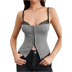 image:imageMakeMeChic Womens Lace Spaghetti Strap Camisole Top Sleeveless Split Summer Tank TopsGrey