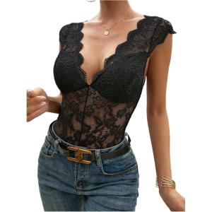 image:imageMakeMeChic Womens Lace Top Open Back V Neck Sexy Tank Tops Summer Going Out TopsBlack B