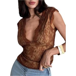 image:imageMakeMeChic Womens Lace Top Open Back V Neck Sexy Tank Tops Summer Going Out TopsBrown