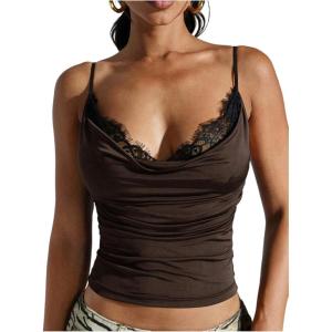 image:imageMakeMeChic Womens Lace Trim Cami Top Cowl Neck Spaghetti Strap Fitted Y2k Party TopsBrown