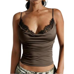 image:imageMakeMeChic Womens Lace Trim Cami Top Cowl Neck Spaghetti Strap Fitted Y2k Party TopsCoffee Brown
