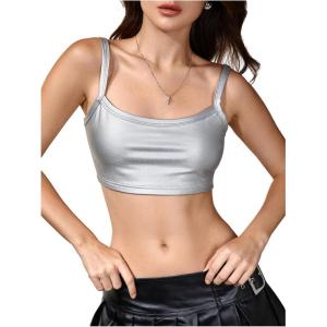 image:imageMakeMeChic Womens Leather Tops Faux PU Sleeveless Spaghetti Strap Crop Cami Top BraletteSilver