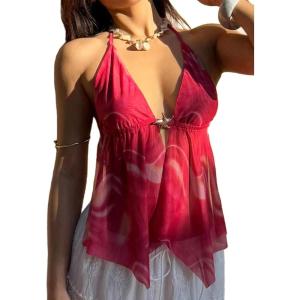 image:imageMakeMeChic Womens Mesh Backless Halter Top Summer Tie Dye Starfish Sexy Camisole TopsRed