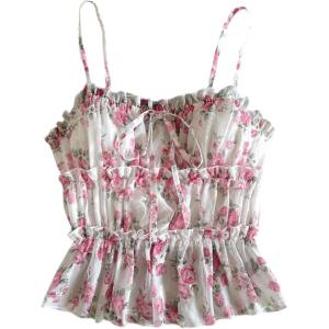 image:imageMakeMeChic Womens Mesh Floral Camisole Spaghetti Strap Tie Front Ruffle Y2k Tank TopsPink