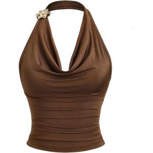 image:imageMakeMeChic Womens Metallic 3D Floral Halter Top Ruched Sleeveless Draped Summer Y2K Crop TopsBrown