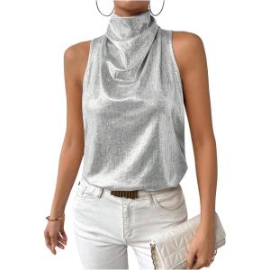 image:imageMakeMeChic Womens Metallic Mock Neck Tank Tops Draped Sleeveless Party Going Out TopSilver