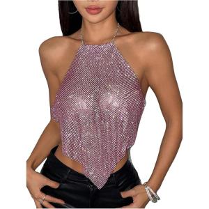 image:imageMakeMeChic Womens Metallic Sparkly Halter Top Hollow Out Open Back Y2K Party Crop TopsPink