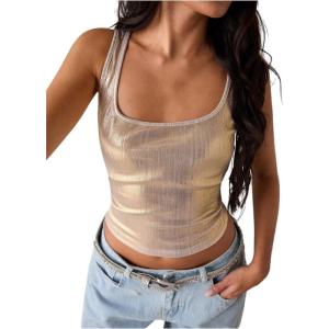 image:imageMakeMeChic Womens Metallic Square Neck Crop Tops Y2k Sleeveless Fitted Party Rave TopGold