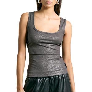 image:imageMakeMeChic Womens Metallic Square Neck Tank Tops Sleeveless Fitted Party TopGrey