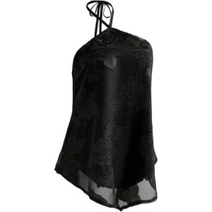 image:imageMakeMeChic Womens Open Back Halter Top Sheer Ruffle Sleeveless Jacquard Dressy Tops TrendyBlack