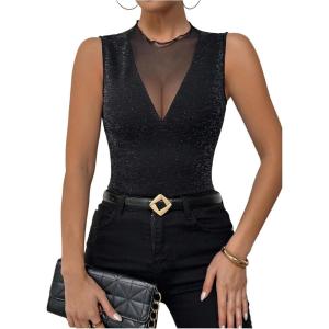 image:imageMakeMeChic Womens Party Club Sparkly Mesh Tank Tops Sleeveless Ruffle Crew Neck Fitted ShirtsBlack