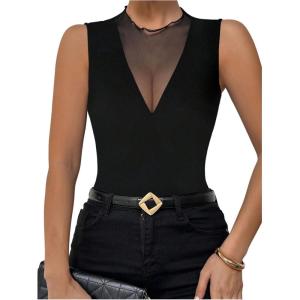 image:imageMakeMeChic Womens Party Club Sparkly Mesh Tank Tops Sleeveless Ruffle Crew Neck Fitted ShirtsBlack a