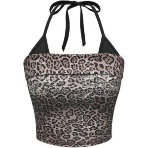 image:imageMakeMeChic Womens Pink Y2K Tops Cheetah Print Halter Rhinestone Tie Backless Summer Crop TopsBrown