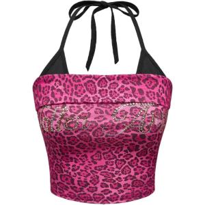 image:imageMakeMeChic Womens Pink Y2K Tops Cheetah Print Halter Rhinestone Tie Backless Summer Crop TopsHot Pink