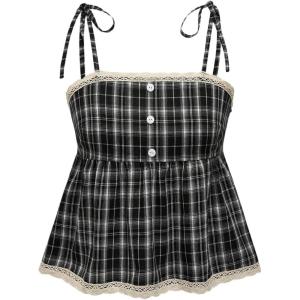 image:imageMakeMeChic Womens Plaid Lace Tank Tops Bow Tie Shoulder Shirred Sleeveless Vintage Y2k Cute TopBlack