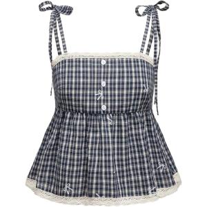 image:imageMakeMeChic Womens Plaid Lace Tank Tops Bow Tie Shoulder Shirred Sleeveless Vintage Y2k Cute TopBlue