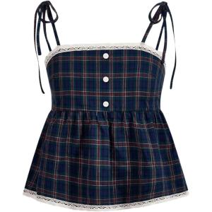 image:imageMakeMeChic Womens Plaid Lace Tank Tops Bow Tie Shoulder Shirred Sleeveless Vintage Y2k Cute TopBlue B