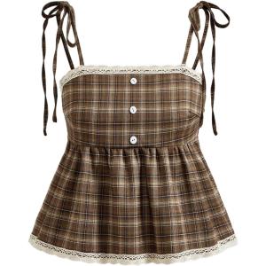 image:imageMakeMeChic Womens Plaid Lace Tank Tops Bow Tie Shoulder Shirred Sleeveless Vintage Y2k Cute TopBrown