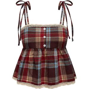 image:imageMakeMeChic Womens Plaid Lace Tank Tops Bow Tie Shoulder Shirred Sleeveless Vintage Y2k Cute TopMulticolor