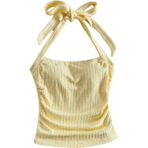 image:imageMakeMeChic Womens Plus Size Backless Halter Tops Ruched Sleeveless Fitted Y2k TankYellow