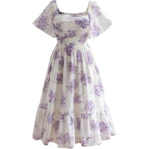 image:imageMakeMeChic Womens Plus Size Dress Floral Square Neck Short Sleeve A Line Shirred Boho Maxi DressesPurple
