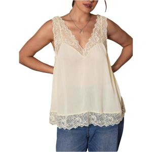 image:imageMakeMeChic Womens Plus Size Floral Lace Mesh Tank Tops Sleeveless Open Back Going Out Cami TopPale Yellow