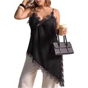 image:imageMakeMeChic Womens Plus Size Floral Lace Trim Satin Tank Tops Asymmetrical Spaghetti Strap Sleeveless Cami TopBlack