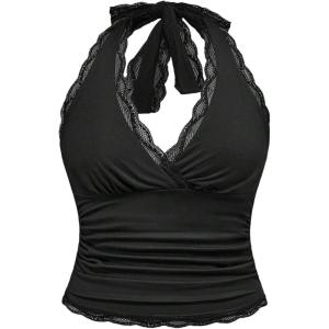 image:imageMakeMeChic Womens Plus Size Halter Tops Summer Lace Tie Back Ruched Y2K Going Out TopsBlack