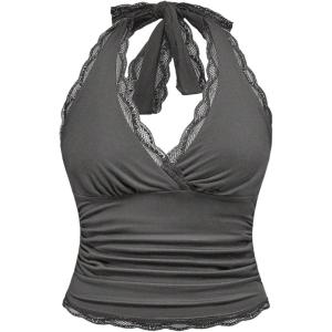 image:imageMakeMeChic Womens Plus Size Halter Tops Summer Lace Tie Back Ruched Y2K Going Out TopsGrey