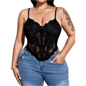 image:imageMakeMeChic Womens Plus Size Lace Corset Tops Going Out Sexy Spaghetti Strap Bustier Crop TopsBlack