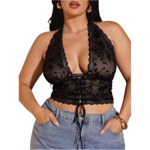 image:imageMakeMeChic Womens Plus Size Lace Sheer Halter Crop Tops Deep V Neck Open Back Lace Up Party Corset TopsBlack