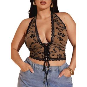 image:imageMakeMeChic Womens Plus Size Lace Sheer Halter Crop Tops Deep V Neck Open Back Lace Up Party Corset TopsBrown