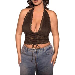 image:imageMakeMeChic Womens Plus Size Lace Sheer Halter Crop Tops Deep V Neck Open Back Lace Up Party Corset TopsCoffee Brown