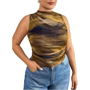 image:imageMakeMeChic Womens Plus Size Mock Neck Tank Tops Tie Dye Sleeveless Ruched Summer ShirtMulticolor