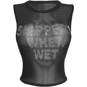 image:imageMakeMeChic Womens Plus Size Sparkly Tank Tops Mesh Sheer Crop Letter Sleeveless Y2k Going Out TopBlack